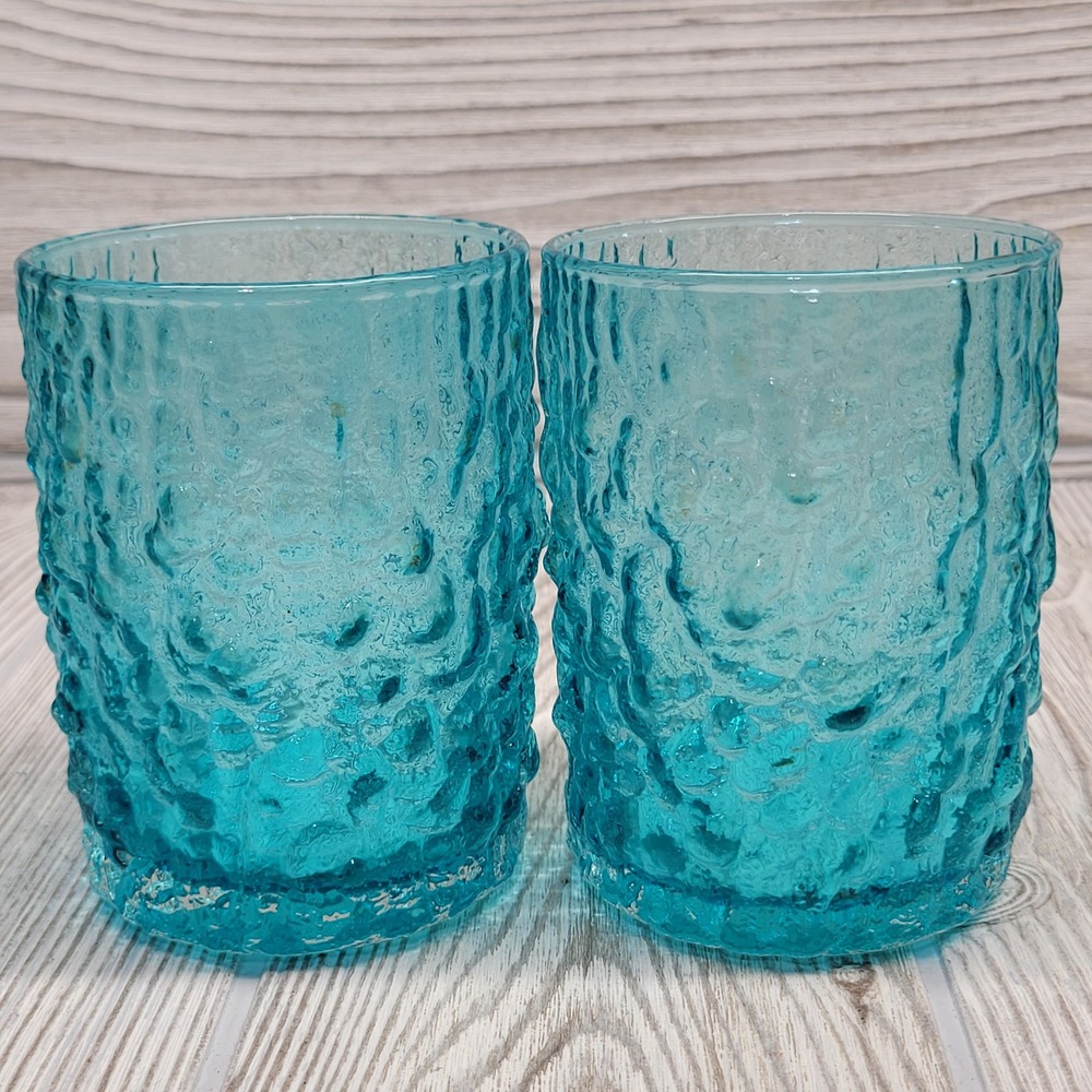 2 Tumbler Glasses Teal Aqua Blue Bark Textured Glass Juice‎ Mid Century Modern